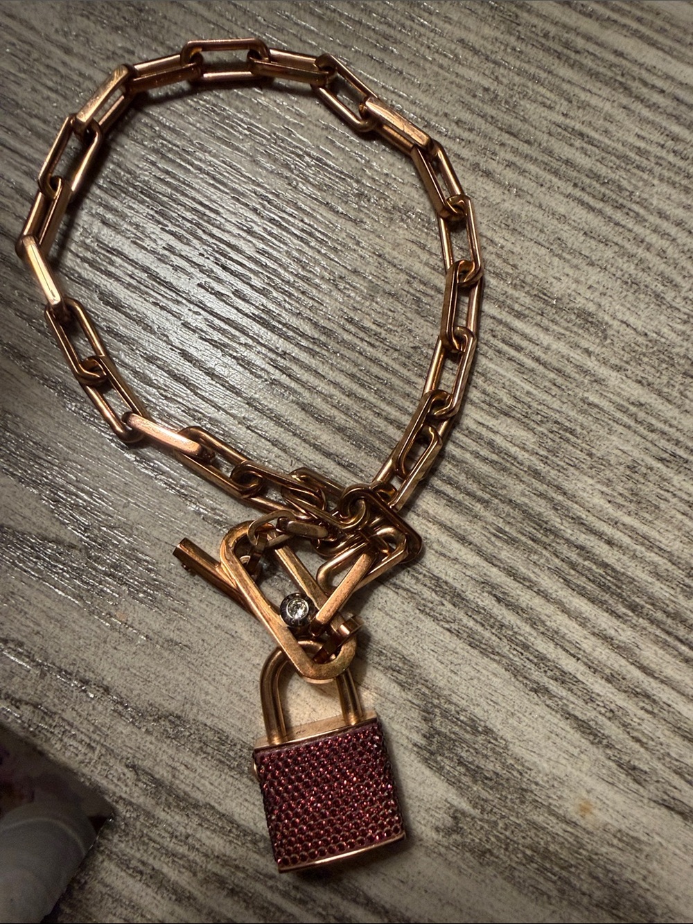 Henri Bendel Rose Gold Chain Bracelet and necklace with Rhinestone Padlock Charm